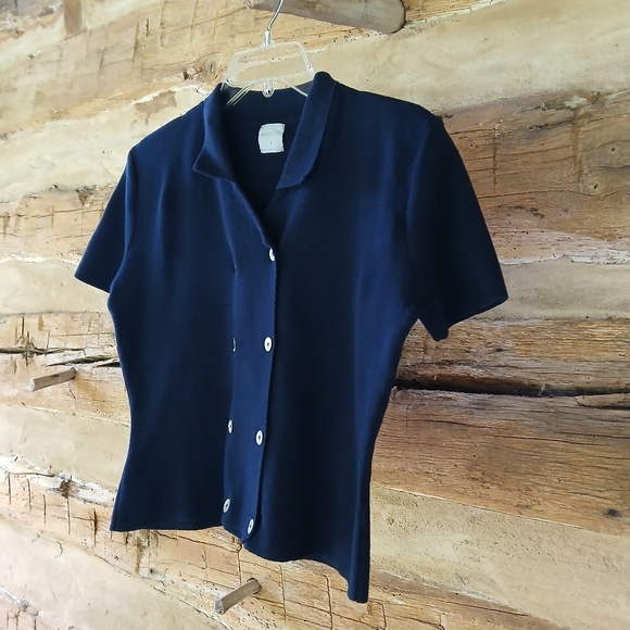 Tricot Par Laurle Brazeau Navy Short Sleeved Double Breasted Cardigan Medium - Picture 3 of 5